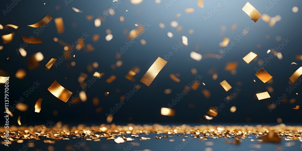 Poster a dynamic scene of golden confetti falling against a soft-focus background.
