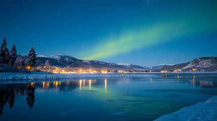 Village in polar region on a lake bank, northern lights in the night sky