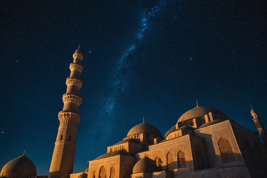 glowing star-filled night sky above a mosque dome