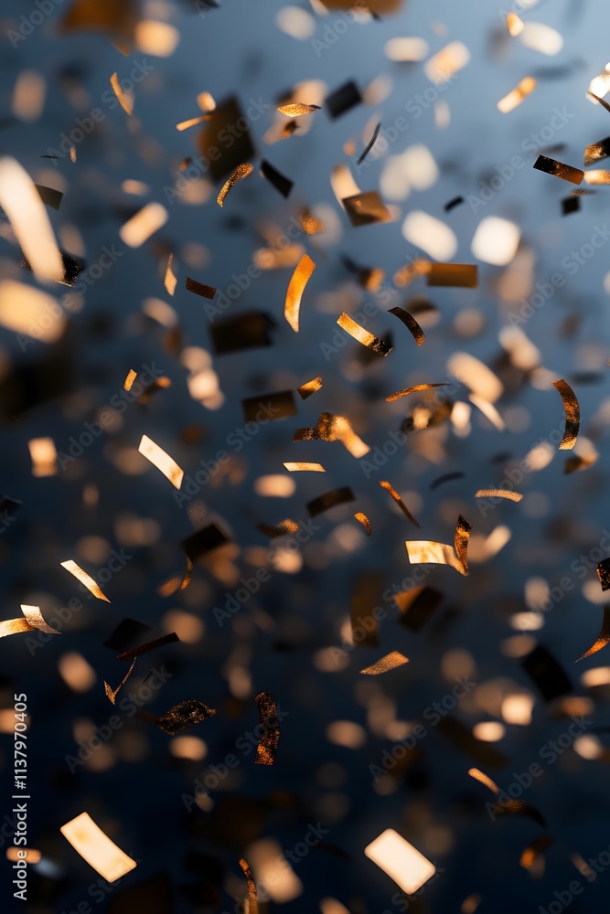 Poster a dynamic display of shimmering confetti suspended in the air, creating a festive atmosphere.