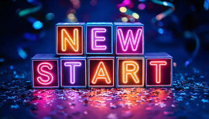 Block letters in neon spelling out 'New Start' against a backdrop of dark festive setting with colourful party glitter and streamers