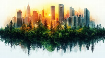 Obraz premium Vibrant City Skyline with Eco-Friendly Architecture Surrounded by Lush Greenery at Sunset