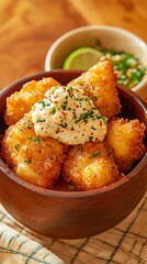 Deliciously fried snacks served with a creamy dip in a wooden bowl.