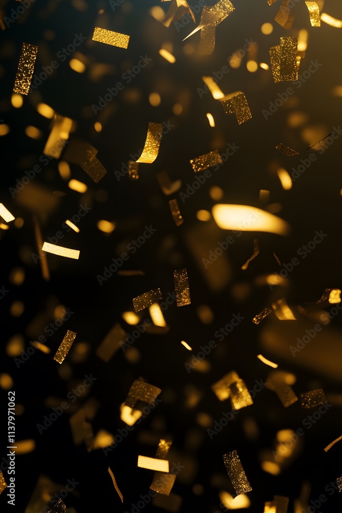 Poster a dynamic display of golden confetti falling against a dark background, creating a festive atmospher