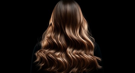 Fototapeta premium A woman with long brown hair is shown in a black background