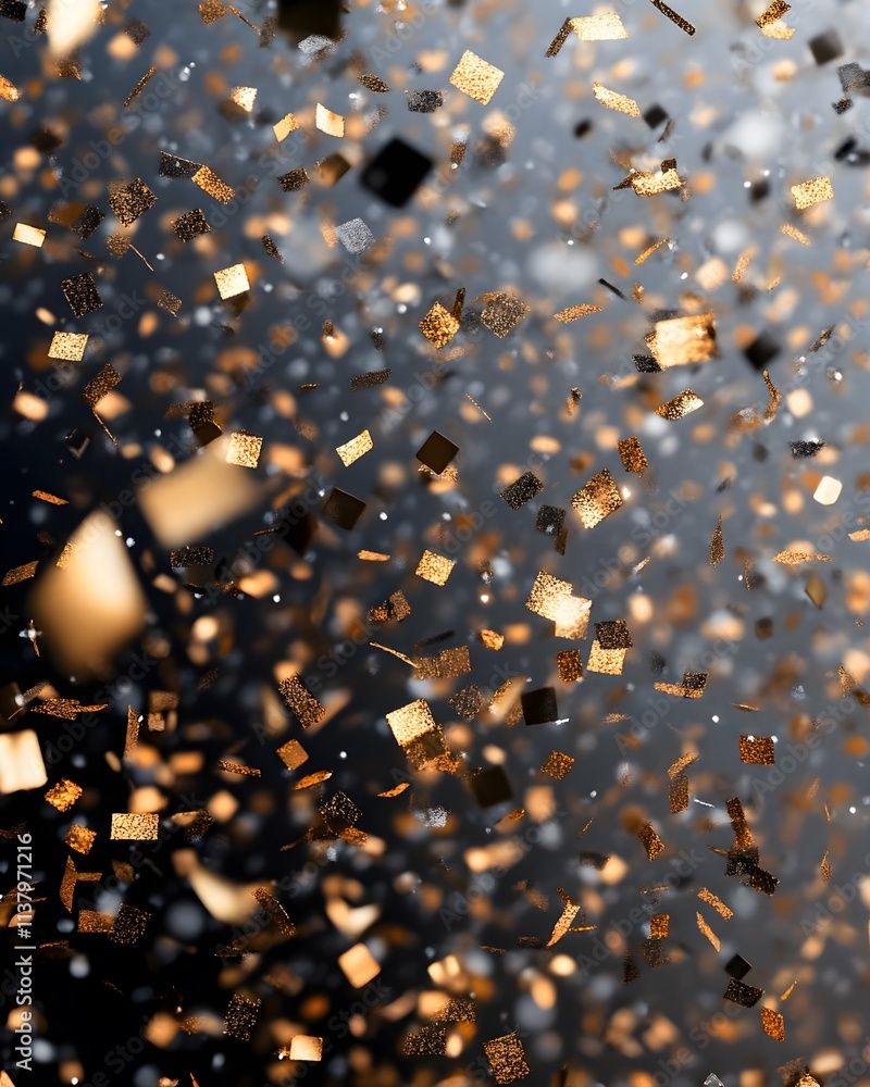 Poster a dynamic display of shimmering golden confetti against a dark background.