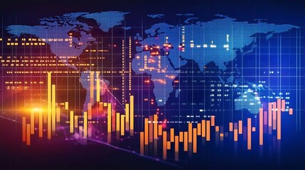 Naklejka premium Global market concept with stock market charts and a digital map of the world 