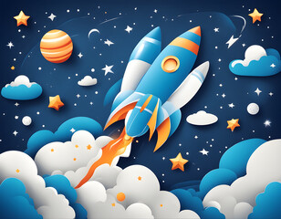 Obraz premium space galaxy with cartoon rocket leaving white trail paper cut style vector illustration background