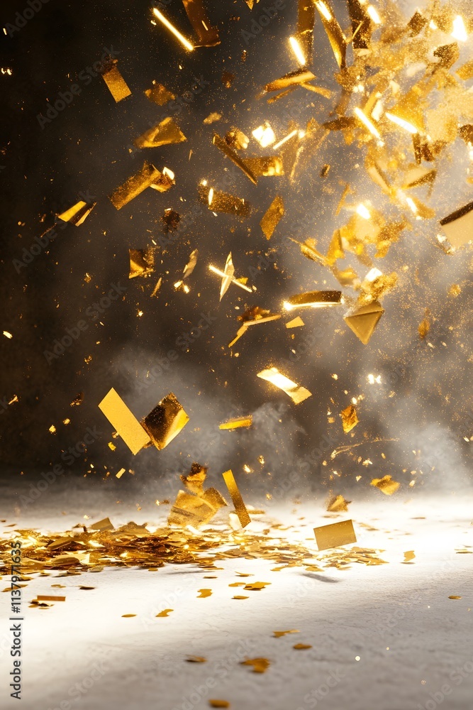 Poster a dynamic display of golden fragments suspended in the air, creating a sense of luxury.