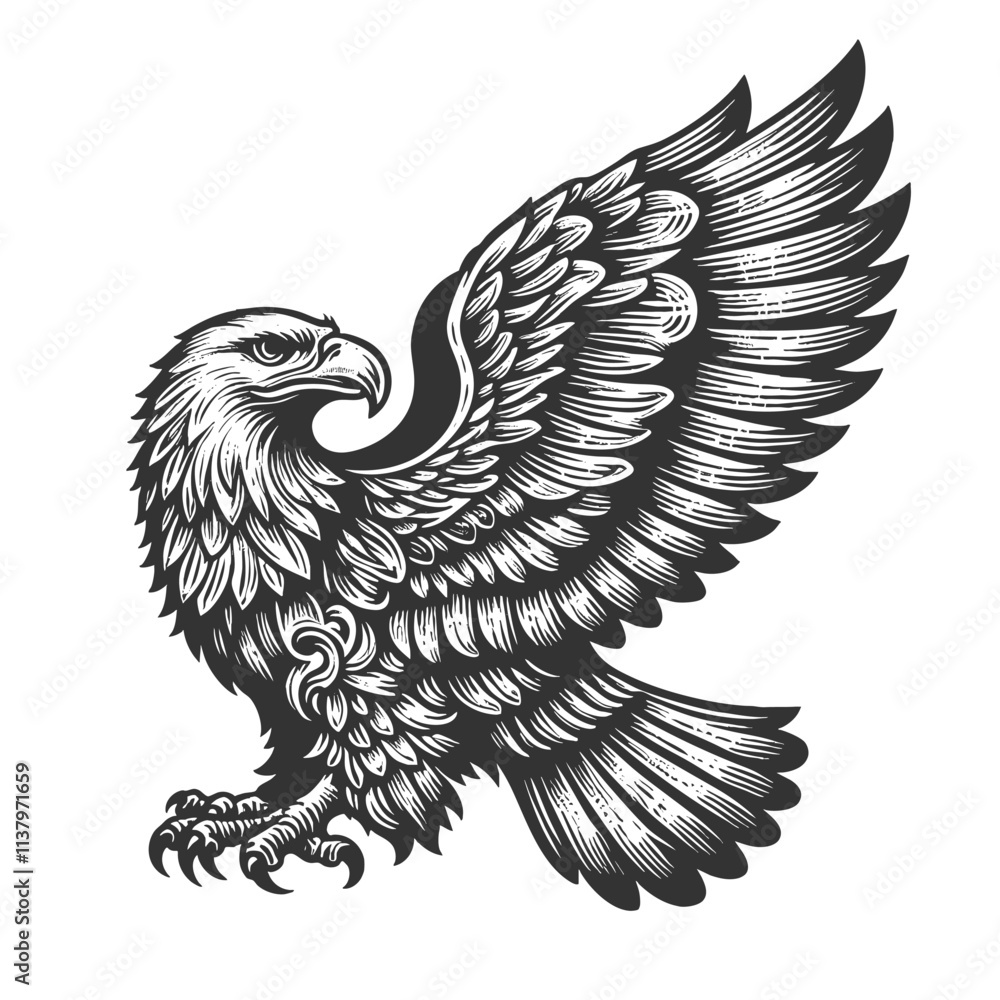 Poster eagle with its wings fully spread, showcasing sharp talons and bold feathers sketch engraving genera