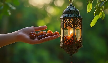 A hand reaching for dates, next to an ornamental lantern with a green background, a Ramadan concept