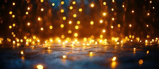 Naklejka premium Dark background with golden bokeh lights.