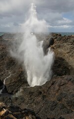 Dramatic ocean blowhole erupting water against a rocky coastline under a cloudy sky.