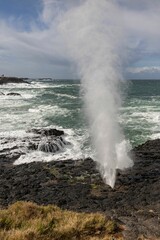 Ocean blowhole spouting against rugged coastline.