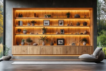 Modern minimalist living room with built-in backlit wooden shelving unit, plants, and decor.