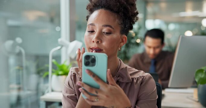 Mirror, selfie and businesswoman with lipstick, makeup and beauty check for facial cosmetics. Employee, morning or accountant at desk ready for work with camera for reflection to fix hair or face