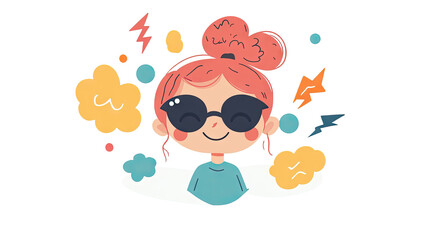 A cute little girl wearing sunglasses, with a happy expression, set against a bright background in a flat vector illustration style. Colorful cartoon characters and UI design elements are featured PNG
