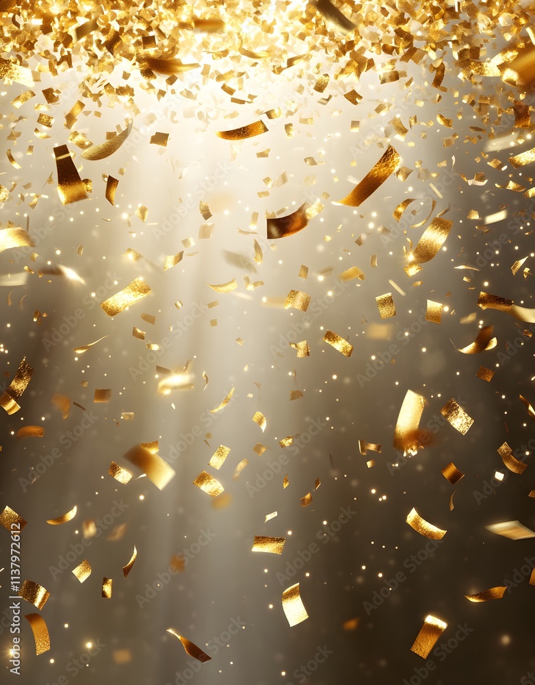 Poster a dazzling display of golden confetti falling through illuminated space.