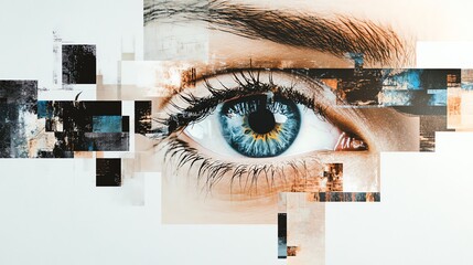 A close up of a blue eye with a digital glitch effect.