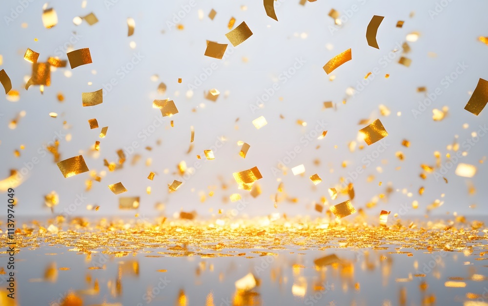 Poster a dynamic display of golden confetti falling against a light background, creating a festive atmosphe