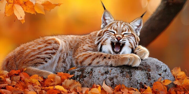 Adorable Lynx Yawning Amidst Autumn Leaves