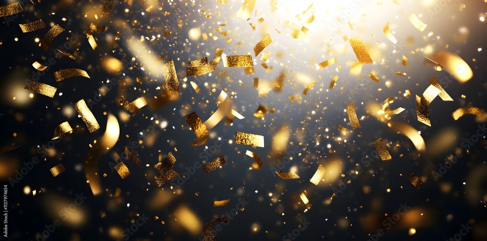 Poster a dynamic display of golden confetti falling against a dark background, creating a festive atmospher