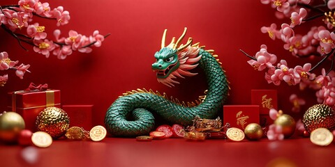 Fototapeta premium A vibrant Chinese New Year scene featuring a green dragon figurine, cherry blossoms, and gold coins, perfect for celebrations, invitations, and festive decorations.