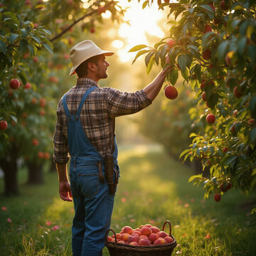 Agricultor con sombrero y overol recogiendo melocotones maduros en un huerto al atardecer.