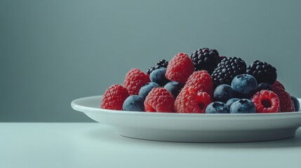 A vibrant mix of berries on a white plate, featuring blueberries, raspberries, and blackberries, perfect for healthy eating ads