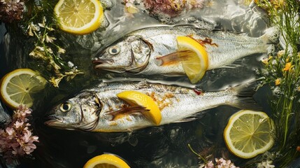Two Grilled Fish Submerged in Water with Lemons and Flowers.