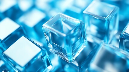 Close up shot of many clear blue ice cubes.