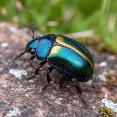 Fototapeta premium Jewel-toned Beetle on Rock Surface in Nature