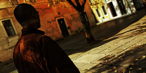 Fototapeta premium Man in Brown Jacket on Cobblestone Street with Autumnal Background