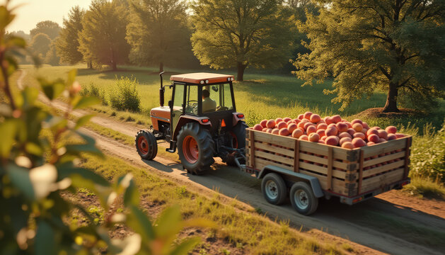 Tractor con remolque lleno de melocotones frescos circulando por un camino rural al atardecer.