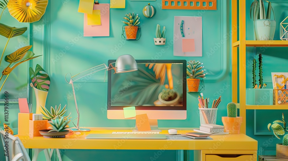 Aufkleber a joyful work-from-home setup with a tidy desk and motivational items.