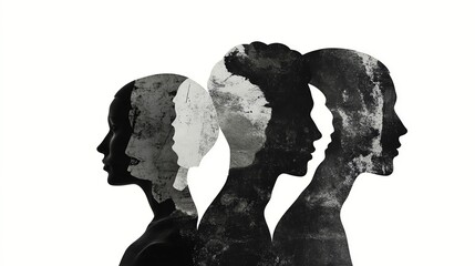 Silhouettes of three people's heads in profile with textured backgrounds.