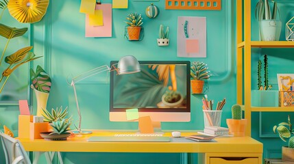 A joyful work-from-home setup with a tidy desk and motivational items.
