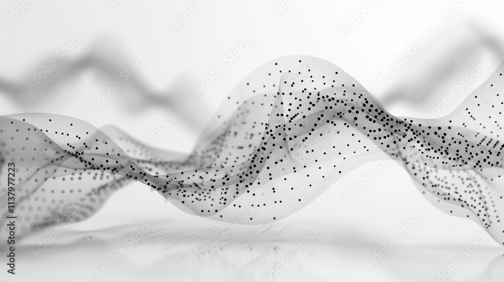 Poster abstract flowing wave with many black particles, shallow depth.