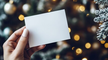 A mockup of a blank white Christmas greeting card being opened by a hand, perfect for holiday greetings and celebrations, capture the essence of the holiday season, blending elegance and warmth into a
