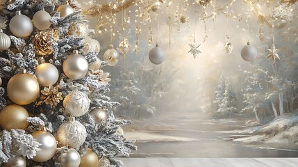 Fototapeta premium Christmas ornaments in gold and silver hanging on a decorated tree 