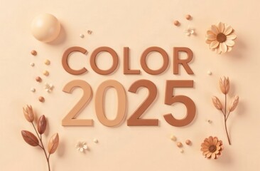 color of the year 2025 in mocha mousse lettering, surrounded by minimalist design elements on beige background. trend analysis.