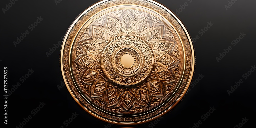 Poster a decorative shield featuring intricate patterns and a central emblem.