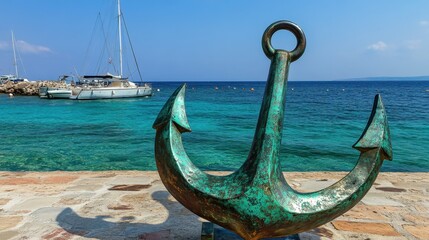 Bronze Anchor Sculpture with Clear Blue Ocean and Sailboats Nearby