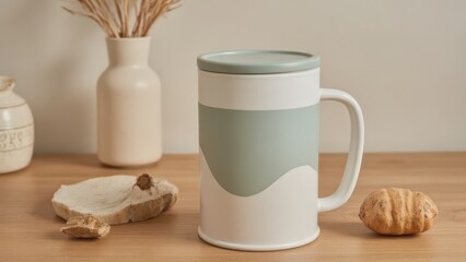 Tea tin packaging, minimalist tea tin in soft pastel tones with abstract geometric design, placed on a wooden table with decorative ceramics and dried botanicals, evoking modern and serene aesthetics