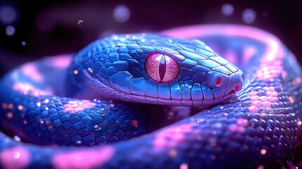 Fototapeta premium Vibrant blue and pink snake coiled, glowing scales, dark background.