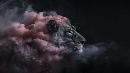 A lion, ideal for dreamscape portraiture with a gigantic scale. Perfect as wallpaper or wall poster background for design.