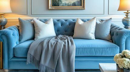 Fototapeta premium Elegant blue sofa with tufted design, decorative pillows, and a soft throw blanket in a luxurious living room
