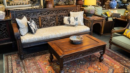 Ornate Wooden Sofa with Intricate Carvings and Traditional Decor