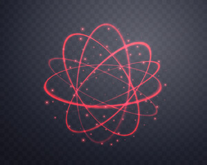 Atom particle, light effect glowing red magic rings. Neon realistic energy swirl. Abstract light effect on a dark transparent background. Vector illustration.