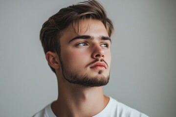 Obraz premium Young man with stylish haircut thoughtfully gazing away in a neutral background